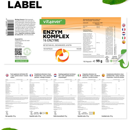 Digestive Enzymes - 180 Capsules with 16 Enzymes plus Betaine HCL, Rutin &amp; Gentian Root - With Bromelain, Papain, Amylase, Lipase, Protease, Lactase - Vegan - High Dosage