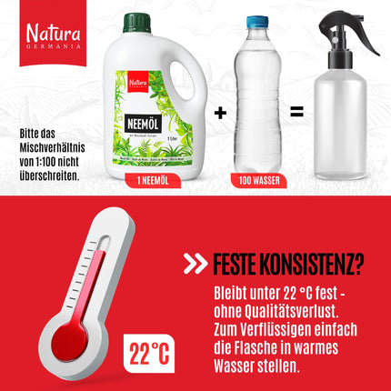 Natura Germania® Neem oil 1000ml with soap nut extract with spray bottle and measuring cup - Makes 100 liters of ready-to-spray solution - Neem spray for natural plant care for houseplants/garden plants
