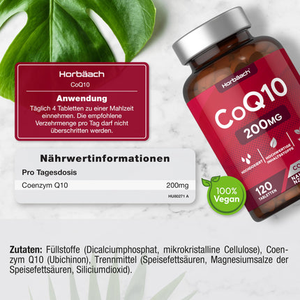 Coenzyme Q10 High Dose 200mg | 120 Vegan Tablets | Emergency Capsules | Coenzyme Q10 | by Horbaach