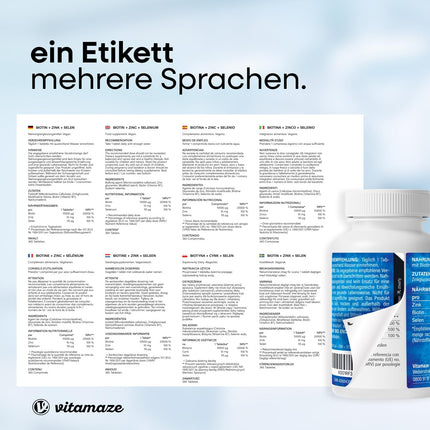 High-dose biotin 10,000 mcg + selenium + zinc for hair growth, skin &amp; nails, 365 vegan tablets for 1 year, dietary supplement without additives, Made in Germany
