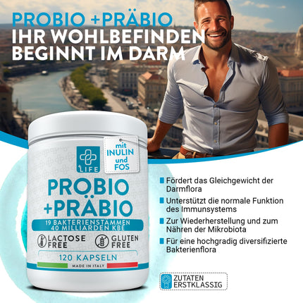 Probiotics for intestinal cleansing with prebiotics 120 capsules PiuLife 40 billion CFU intestinal detoxification, probiotic lactic ferments from 20 strains, intestinal probiotics with inulin and FOS, abdominal bloating,