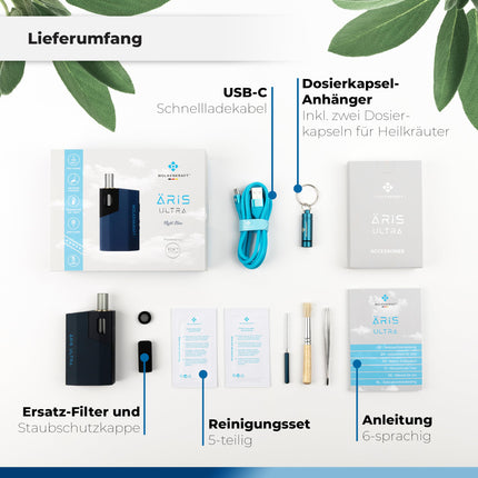 WOLKENKRAFT ÄRiS ULTRA Premium Vaporizer - USB-C | Titanium Chamber | Temperature 100-220 °C | Operating Timer 3-7 Min. | ECA Convection Technology *Night Blue*
