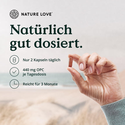 NATURE LOVE® OPC Grape Seed Extract - 180 Capsules - Highly dosed with 800mg extract per daily dose - from French grapes - with natural vitamin C - laboratory-tested, vegan, produced in Germany