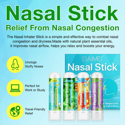 Nasal Stick 4 Pack, Fast relief from a blocked nose, Improves breathing and increases focus, Made with essential oils and menthol, Provides a fresh, cooling sensation