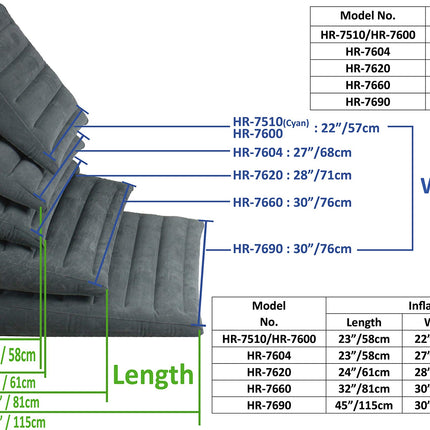 ObboMed HR-7620, practical air valve for easy inflation/deflation, durable, inflatable bed wedge pillow with velour surface for sleeping, traveling, vacation; inflated size M: 61