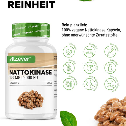 Nattokinase - 365 capsules with 100 mg each (20,000 FU/g) - 12-month supply - Vegan - Non-GMO - No unwanted additives