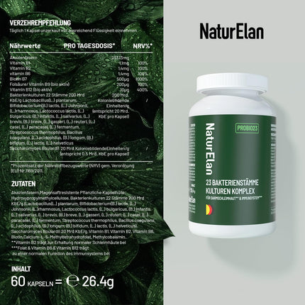 Probiotic intestinal cleansing capsules, 23 bacterial strains with active B complex and acacia fiber, enteric coated, vegan, 20.5 billion CFU/daily dose, produced in Germany, 60 capsules, Naturelan