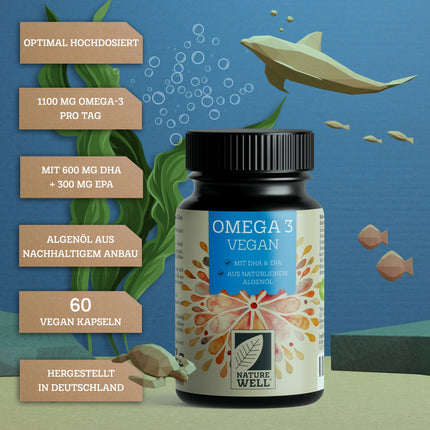 Omega-3 Vegan 60 capsules, high-dose, 2000mg Omega-3 algae oil per day with 600mg DHA &amp; 300mg EPA, vegan omega from sustainable cultivation as a fish oil alternative, laboratory-tested with certificate, NatureWell