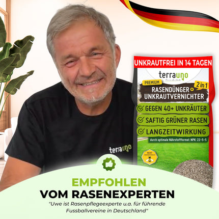TerraUno lawn fertilizer with extra-strong weed killer, 100-day long-term effect, 5 kg for 250 m², against dandelions, clover, and much more. Lawn weed killer with fertilizer for lush green grass in spring and summer.