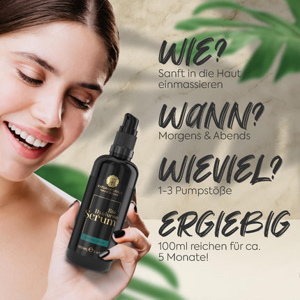 Organic hyaluronic serum with high dosage • 100ml + Vit E &amp; B5 • 7-fold hyaluronic acid serum for the face ✓100% vegan &amp; organic ✓Anti-aging concentrate ✓Anti-wrinkle serum natural cosmetics ✓Made in Germany ✓Hyaluronic acid serum