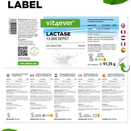 Lactase 13,000 Depot - 365 tablets with depot effect (Sepismart® Slow Release) - High dosage with 13,000 FCC units - For lactose and milk intolerance - No unwanted additives