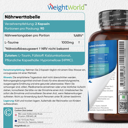 L-Taurine Capsules - 1000mg per day - 180 vegan amino acid capsules - 2 L-Taurine Amino Acid Capsules - 3-month supply - Alternative to powder or tablets - WeightWorld