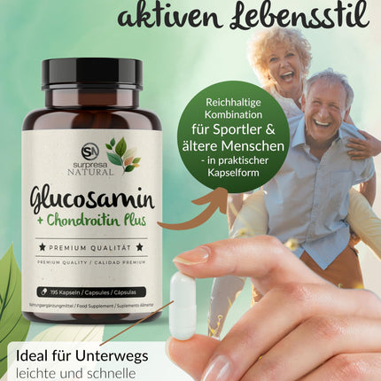 Surpresa Natural Glucosamine Chondroitin Capsules High Dose I 1 x 195 Capsules I 1500 mg Glucosamine &amp; 1200 mg Chondroitin per daily dose I Dietary supplement without additives &amp; laboratory tested