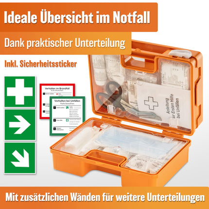 HELDENWERK first aid kit according to the new DIN 13157:2021 including wall bracket &amp; stickers | Universal first aid case for business, household or catering - office first aid kit filled, first aid kit
