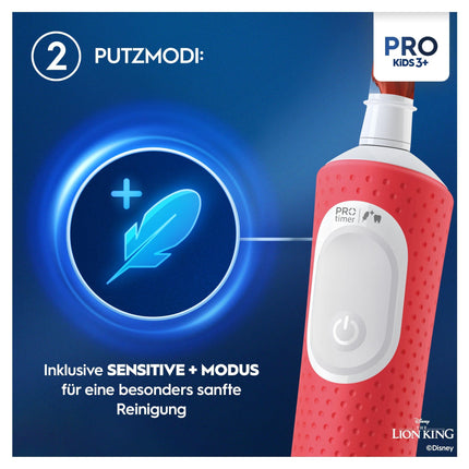 Oral-B Pro Kids Lion King Electric Toothbrush for children 3 years and older, including Sensitive+ mode for dental care, extra soft bristles, 1 brush head, 1 travel case, white/red