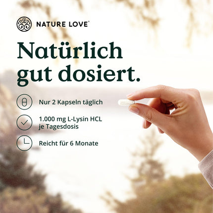 NATURE LOVE® L-Lysine - 365 vegan capsules - 1000mg L-Lysine HCL per daily dose - Lysine from plant fermentation - 6-month supply - Laboratory-tested, additive-free, and produced in Germany