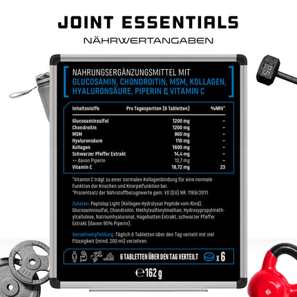 Joint Essentials - 180 Tablets - High Dose with 5100 mg per day - Glucosamine + Chondroitin + MSM + Hyaluronic Acid + Collagen + Vitamin C + Black Pepper Extract - Joint Supplement