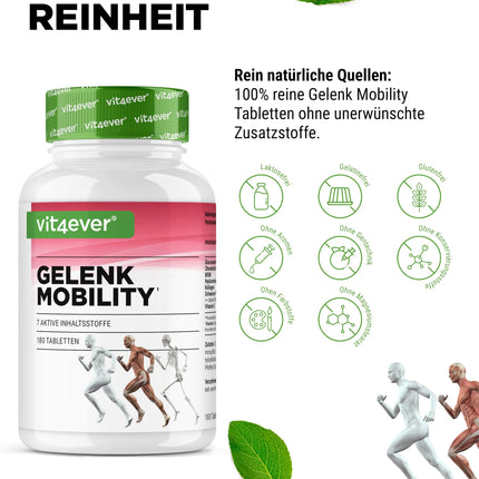 Joint Mobility - 180 tablets - High dose with 7 active ingredients: Glucosamine + Chondroitin + MSM + Hyaluronic Acid + Collagen + Vitamin C + Black Pepper Extract