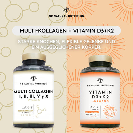 Multi Collagen Capsules High Dose 1650mg Enriched with Vitamin C. Hydrolyzed Collagen Peptides Types I, II, III, V, and X. 180 Capsules. For skin, hair, bones, and joints. N2 Natural Nutrition