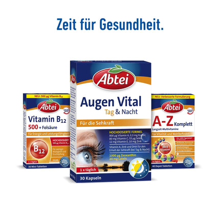 Abtei Eye Vital Day and Night - with vitamin A, lutein, DHA, and zeaxanthin - for the maintenance of vision - high dosage, gluten-free, lactose-free - 30 capsules
