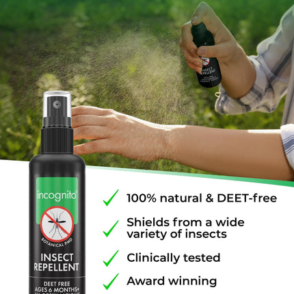 Incognito Insect Repellent Spray, 100ml - Natural DEET Free, Shields from Wide Range of Biting Insects. Clinically proven protection from Ticks &amp; Dengue carrying mosquitoes, Organic Mosquito Repellent