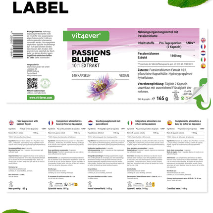 Passionflower Extract - 240 Capsules - Premium: 1100 mg extract 10:1 (equivalent to 11000 mg passionflower) per daily serving - Extra high dosage - No unwanted additives - Vegan - Laboratory tested