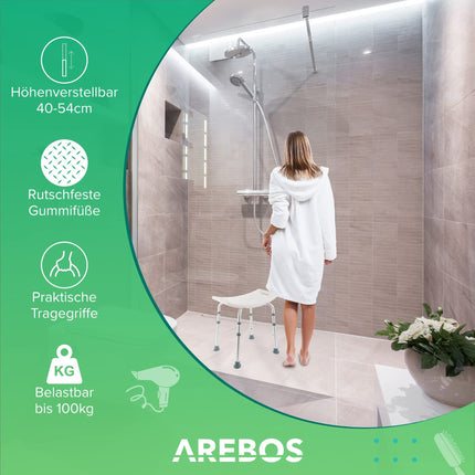 Arebos Shower Stool | Height-adjustable | Aluminum frame | Anti-slip rubber feet | Seat with safety handles | Shower aid | Shower chair | Shower seat | Bath stool | Bathtub seat | for seniors
