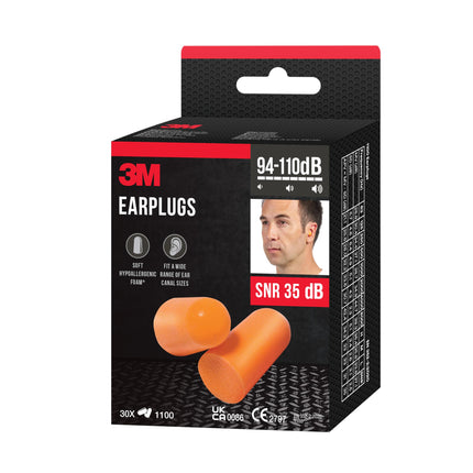 3M Earplugs 1100 with soft foam for high hearing protection against high noise levels in the range of 94-105 dB (SNR: 37 dB), 30 pairs, orange