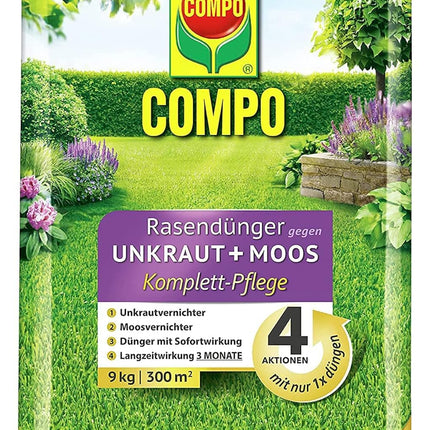 COMPO lawn fertilizer against weeds and moss - 9 kg for 300m² - 3 months long-term effect - COMPO lawn fertilizer against weeds + moss complete care
