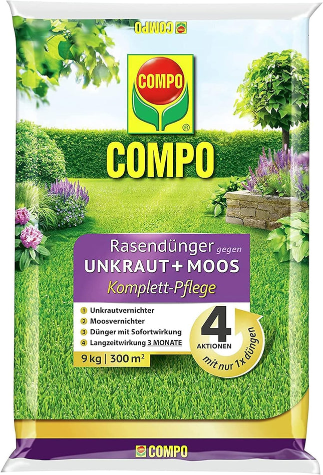 COMPO lawn fertilizer against weeds and moss - 9 kg for 300m² - 3 months long-term effect - COMPO lawn fertilizer against weeds + moss complete care