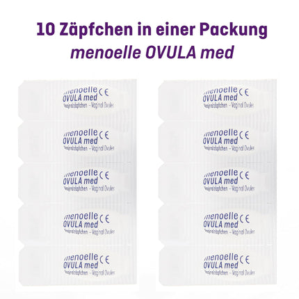 menoelle® OVULA med - Vaginal Suppositories. For bacterial vaginosis, vaginal yeast infections, and vaginal dryness. With lactic acid and hyaluronic acid. Hormone-free and preservative-free. 10 suppositories.