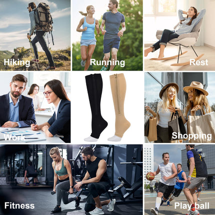 Naapesi 2 Pairs Compression Stockings with Zipper, Compression Socks with Zipper, Calf Height, Support Stockings with Open Toes for Varicose Veins, Edema, Recovery, Pregnancy