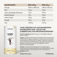 foodspring - Whey Protein Powder Vanilla – With 23g of protein for muscle building, perfect solubility, ultrafiltered, rich in BCAAs &amp; EAAs – full-bodied &amp; delicious taste (750g)