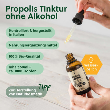 beegut ORGANIC Propolis Drops liquid without alcohol, 50ml water-soluble tincture with ORGANIC Propolis extract, standardized quality, sustainable packaging (50ml)