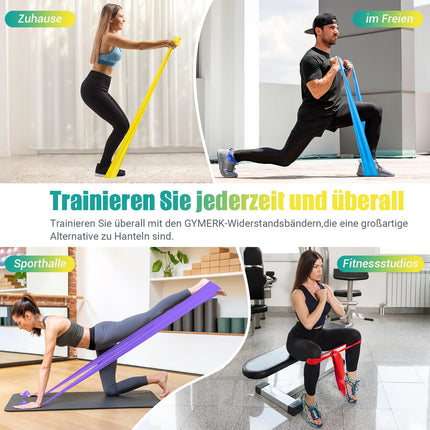 GYMERK Fitness Bands Set of 4, 1.8M Fitness Band, 4 Resistance Levels with Exercise Poster, Exercise Band with Carrying Bag &amp; Exercise Instructions, Ideal for Yoga, Pilates, Muscle Building, Physiotherapy