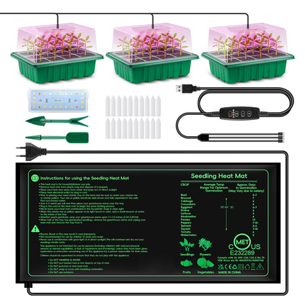 Verdenu Seed Indoor Propagator with Plant Lamp and Heat Mat, 3 Pack 36-Cell Growing Greenhouse with Humidity Dome, 3 Lighting Modes, 4 Dimming Levels, Reusable Propagator