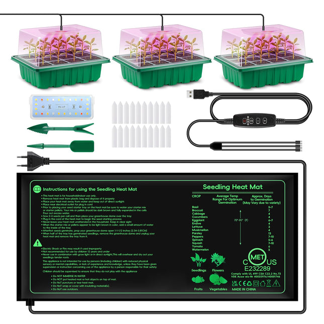 Verdenu Seed Indoor Propagator with Plant Lamp and Heat Mat, 3 Pack 36-Cell Growing Greenhouse with Humidity Dome, 3 Lighting Modes, 4 Dimming Levels, Reusable Propagator