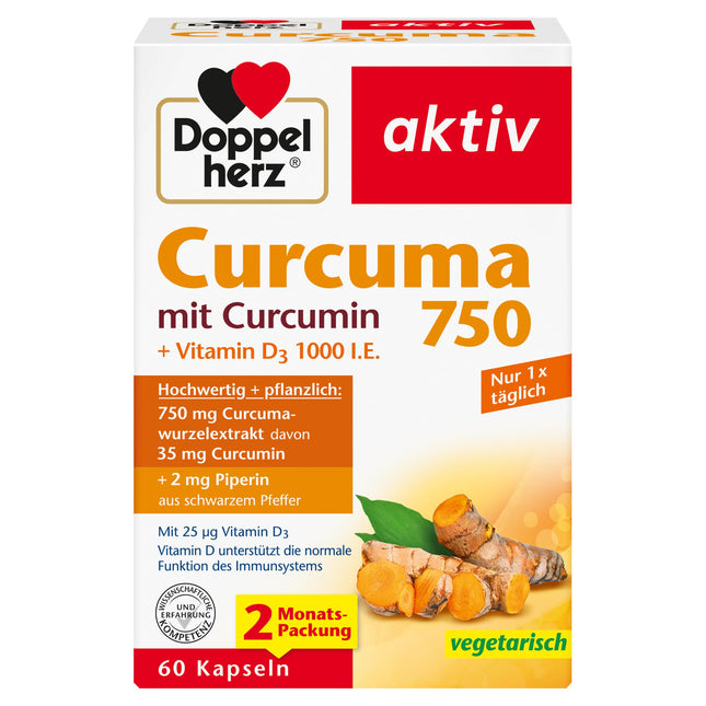 Doppelherz Curcuma 750 with Curcumin + Vitamin D3 1000 IU – Vitamin D supports the normal function of the immune system – 60 Capsules