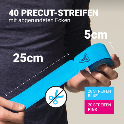 TRUETAPE® Kinesiotape – PRO Precut DUO Pack – 2 x 20 pre-cut strips (25 cm x 5 cm) – Waterproof &amp; Elastic Kinesiotapes – Physiotape with strong adhesive for sports – Blue &amp; Pink
