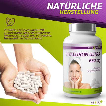 Vita2You Hyaluronic Acid Ultra 650mg - 90 vegan capsules - plant-based from fermentation - 500-700 kDa - High dosage - 3-month supply - no additives - Hyaluron - Premium quality
