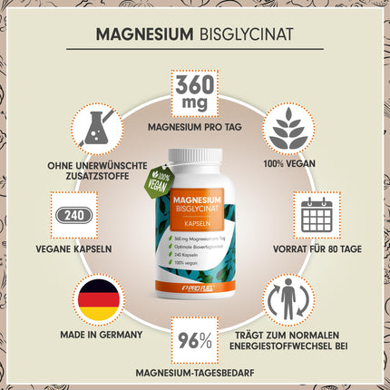 Magnesium Bisglycinate Capsules 240x - optimally high dosage &amp; bioavailable - 360 mg magnesium per day - laboratory-tested with certificate - 100% vegan - 80-day supply