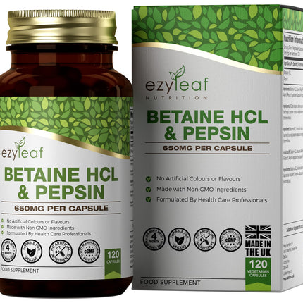 Ezyleaf Betaine HCL Pepsin 680mg | 120 Vegan Betaine HCL Capsules | Betaine Hydrochloride with Pepsin | Digestive Enzymes | No Artificial Ingredients | ISO Certified, Gluten &amp; GMO Free | From the UK