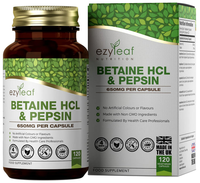 Ezyleaf Betaine HCL Pepsin 680mg | 120 Vegan Betaine HCL Capsules | Betaine Hydrochloride with Pepsin | Digestive Enzymes | No Artificial Ingredients | ISO Certified, Gluten &amp; GMO Free | From the UK