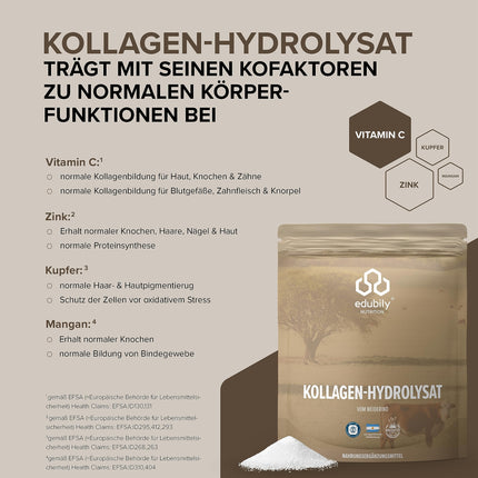 edubily nutrition® Collagen Powder • From certified pasture-fed farming • Premium collagen hydrolysate with co-factors for joint health and strong connective tissue • In a velcro bag (750 g)