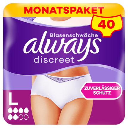 Always Discreet Incontinence Pants Size L, Normal, 40 Pants (4 x 10 pieces) for women, monthly pack, locks in odors and fluids instantly