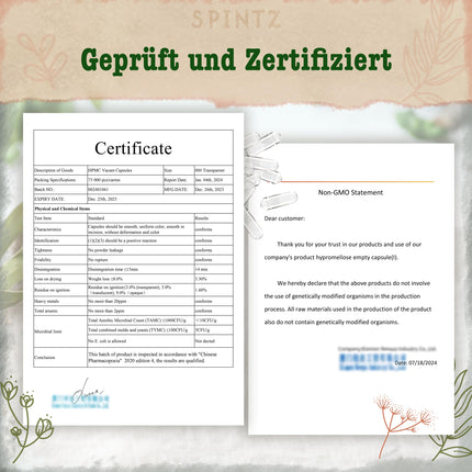 SPINTZ Vegan HPMC Empty Capsules Size 00 (250 pcs.) | Independently laboratory tested | Plastic-free &amp; sustainably packaged | 100% plant-based cellulose, non-GMO, allergen-free, transparent