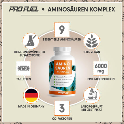 High-dose amino acid complex - 240 tablets - 6,000 mg amino acids per day - 9 essential amino acids + 3 co-factors: taurine, carnitine &amp; glycine - laboratory-tested with certificate - 100% vegan