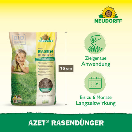 Neudorff Azet Lawn Fertilizer – Organic lawn fertilizer for 400 m² ensures a dense, green, and durable lawn with 6 months of long-term effectiveness, 20 kg, Brown