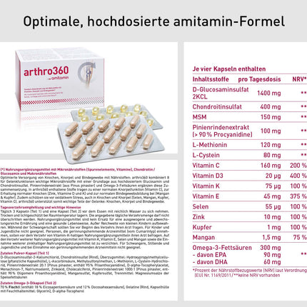 amitamin arthro360, 120 high-dose capsules, pharmacy quality, 15 nutrients for joints and bones with glucosamine, chondroitin, MSM, individually hygienically packaged