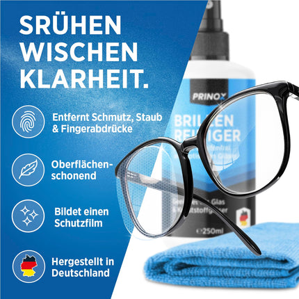 PRINOX® Glasses Cleaner Set 250ml with microfiber glasses cleaning cloth - Glasses cleaner with microfiber cloth for all glasses against grease stains and fingerprints on the glasses